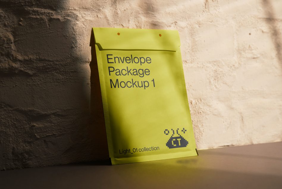 Green envelope packaging mockup standing against a textured wall in natural lighting, part of Light_01 collection for designers.